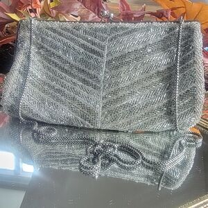 Elegant Silver Beaded Clutch